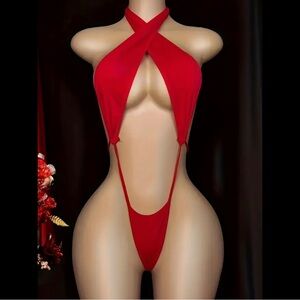 Red, Crossover, One-Piece Bodysuit